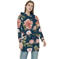 Wallpaper-with-floral-pattern-green-leaf Women s Long Oversized Pullover Hoodie by designsbymallika