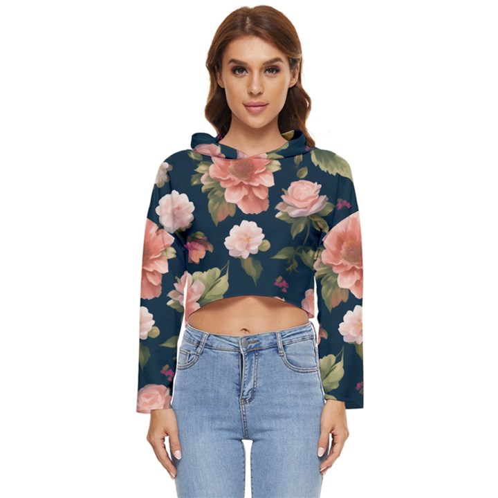 Wallpaper-with-floral-pattern-green-leaf Women s Lightweight Cropped Hoodie