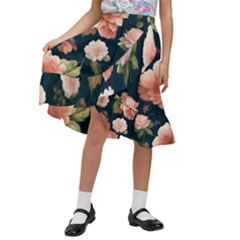 Wallpaper-with-floral-pattern-green-leaf Kids  Ruffle Flared Wrap Midi Skirt by designsbymallika