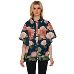 Wallpaper-with-floral-pattern-green-leaf Women s Batwing Button Up Shirt