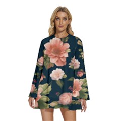 Wallpaper-with-floral-pattern-green-leaf Round Neck Long Sleeve Bohemian Style Chiffon Mini Dress