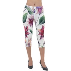 Floral Pattern Lightweight Velour Capri Leggings  by designsbymallika