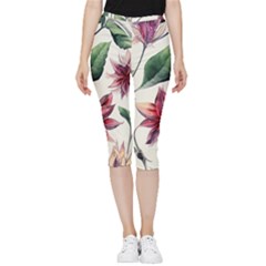 Floral Pattern Inside Out Lightweight Velour Capri Leggings  by designsbymallika