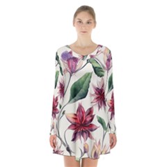 Floral Pattern Long Sleeve Velvet V-neck Dress