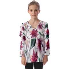 Floral Pattern Kids  V Neck Casual Top by designsbymallika