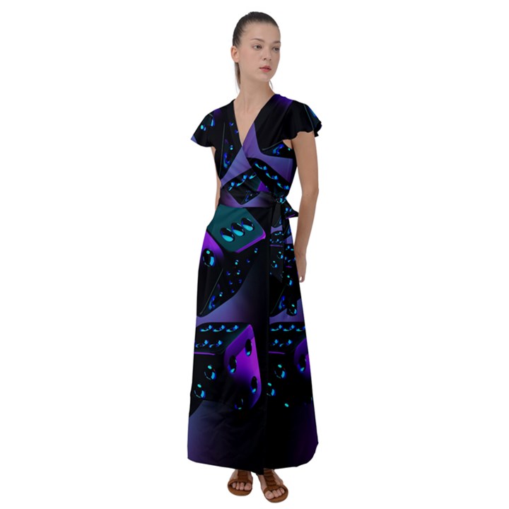 3d Ludo Game,gambling Flutter Sleeve Maxi Dress