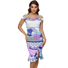 Ramen Kanji Vaporwave Artwork Minimalism Off Shoulder Ruffle Split Hem Bodycon Dress by Bangk1t