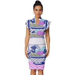 Ramen Kanji Vaporwave Artwork Minimalism Vintage Frill Sleeve V-neck Bodycon Dress by Bangk1t