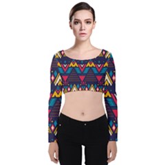 Pattern Colorful Aztec Velvet Long Sleeve Crop Top by Ravend