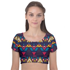 Pattern Colorful Aztec Velvet Short Sleeve Crop Top  by Ravend