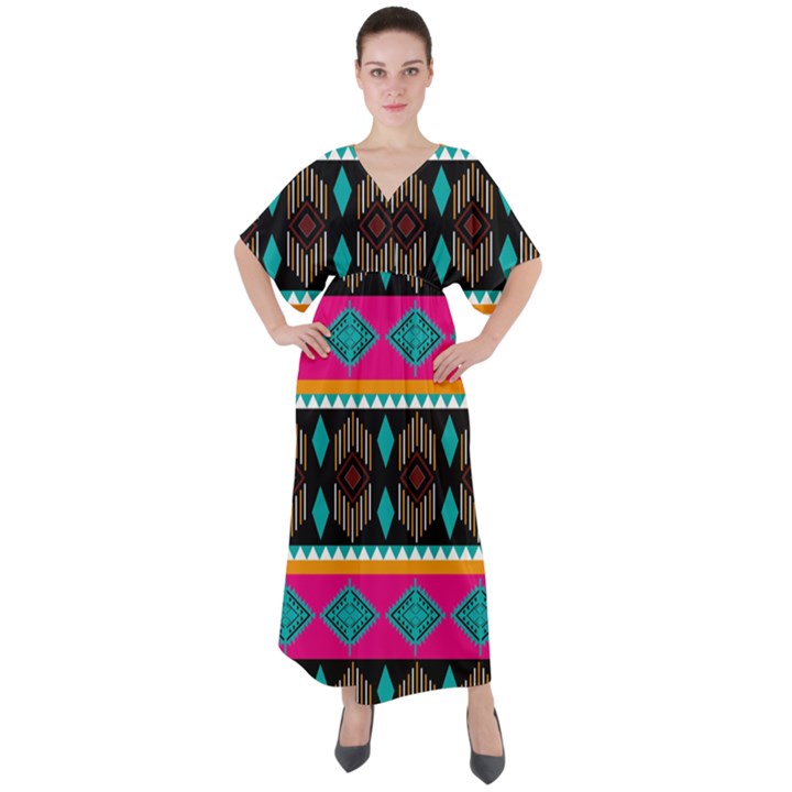 Abstract Art Pattern Design Vintage V-Neck Boho Style Maxi Dress