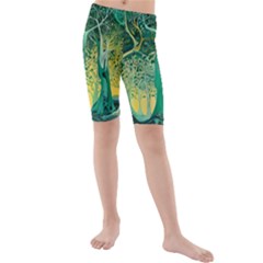 Nature Trees Forest Mystical Forest Jungle Kids  Mid Length Swim Shorts by Ravend