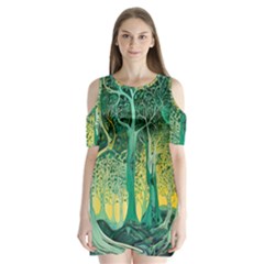 Nature Trees Forest Mystical Forest Jungle Shoulder Cutout Velvet One Piece