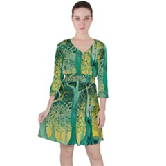 Nature Trees Forest Mystical Forest Jungle Quarter Sleeve Ruffle Waist Dress by Ravend