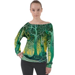 Nature Trees Forest Mystical Forest Jungle Off Shoulder Long Sleeve Velour Top by Ravend