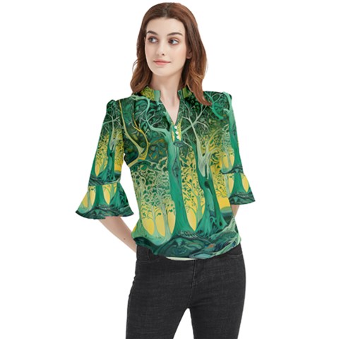 Nature Trees Forest Mystical Forest Jungle Loose Horn Sleeve Chiffon Blouse by Ravend