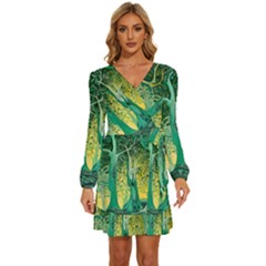 Nature Trees Forest Mystical Forest Jungle Long Sleeve Waist Tie Ruffle Velvet Dress by Ravend