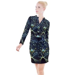 Ai Generated Neuron Network Connection Button Long Sleeve Dress by Ravend