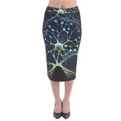 Ai Generated Neuron Network Connection Velvet Midi Pencil Skirt by Ravend