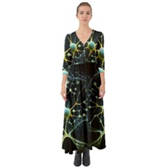 Ai Generated Neuron Network Connection Button Up Boho Maxi Dress by Ravend