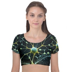 Ai Generated Neuron Network Connection Velvet Short Sleeve Crop Top  by Ravend