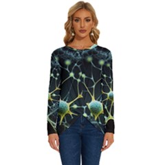 Ai Generated Neuron Network Connection Long Sleeve Crew Neck Pullover Top by Ravend