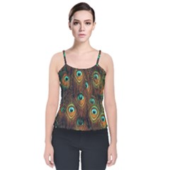 Peacock Feathers Velvet Spaghetti Strap Top by Ravend