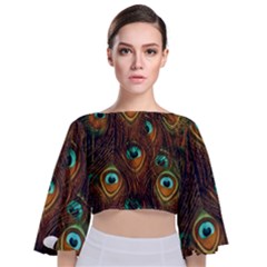 Peacock Feathers Tie Back Butterfly Sleeve Chiffon Top by Ravend