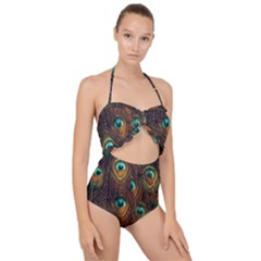 Peacock Feathers Scallop Top Cut Out Swimsuit