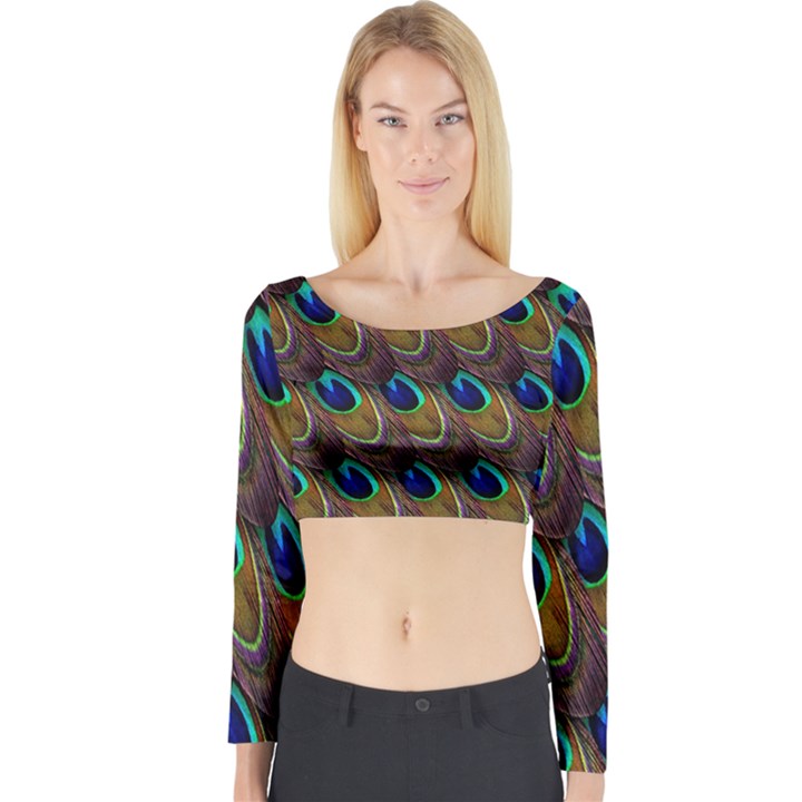 Peacock-feathers-bird-plumage Long Sleeve Crop Top