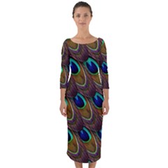 Peacock-feathers-bird-plumage Quarter Sleeve Midi Bodycon Dress by Ravend