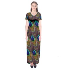 Peacock-feathers-bird-plumage Short Sleeve Maxi Dress by Ravend