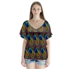 Peacock-feathers-bird-plumage V-neck Flutter Sleeve Top by Ravend