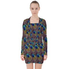 Peacock-feathers-bird-plumage V-neck Bodycon Long Sleeve Dress by Ravend