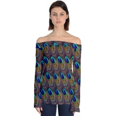 Peacock-feathers-bird-plumage Off Shoulder Long Sleeve Top by Ravend