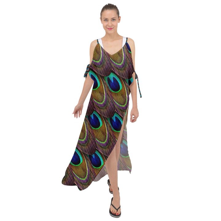 Peacock-feathers-bird-plumage Maxi Chiffon Cover Up Dress