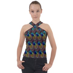 Peacock-feathers-bird-plumage Cross Neck Velour Top by Ravend