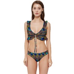 Peacock-feathers-bird-plumage Low Cut Ruffle Edge Bikini Set by Ravend