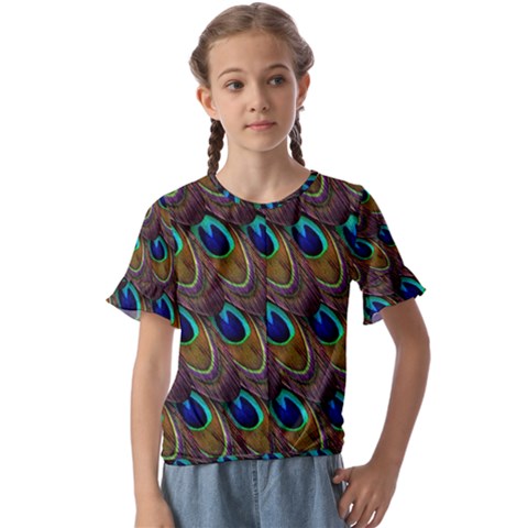 Peacock-feathers-bird-plumage Kids  Cuff Sleeve Scrunch Bottom Tee by Ravend