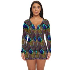 Peacock-feathers-bird-plumage Long Sleeve Boyleg Swimsuit by Ravend