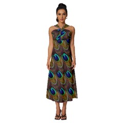 Peacock-feathers-bird-plumage Sleeveless Cross Front Cocktail Midi Chiffon Dress by Ravend