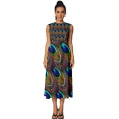 Peacock-feathers-bird-plumage Sleeveless Round Neck Midi Dress by Ravend