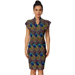 Peacock-feathers-bird-plumage Vintage Frill Sleeve V-neck Bodycon Dress by Ravend