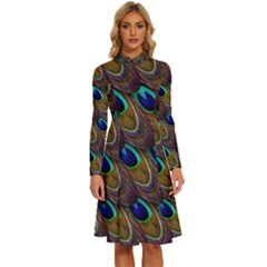 Peacock-feathers-bird-plumage Long Sleeve Shirt Collar A-line Dress by Ravend