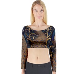 Peacock Plumage Bird Decorative Pattern Graceful Long Sleeve Crop Top by Ravend