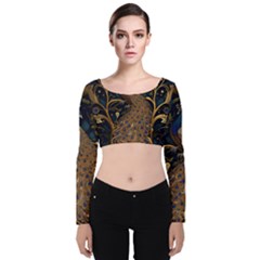 Peacock Plumage Bird Decorative Pattern Graceful Velvet Long Sleeve Crop Top by Ravend