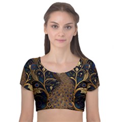 Peacock Plumage Bird Decorative Pattern Graceful Velvet Short Sleeve Crop Top  by Ravend