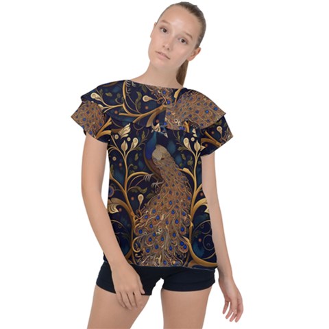 Peacock Plumage Bird Decorative Pattern Graceful Ruffle Collar Chiffon Blouse by Ravend