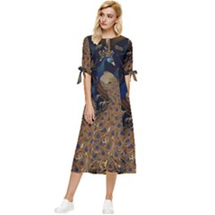 Peacock Plumage Bird Decorative Pattern Graceful Bow Sleeve Chiffon Midi Dress by Ravend