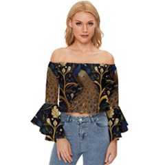 Peacock Plumage Bird Decorative Pattern Graceful Off Shoulder Flutter Bell Sleeve Top by Ravend